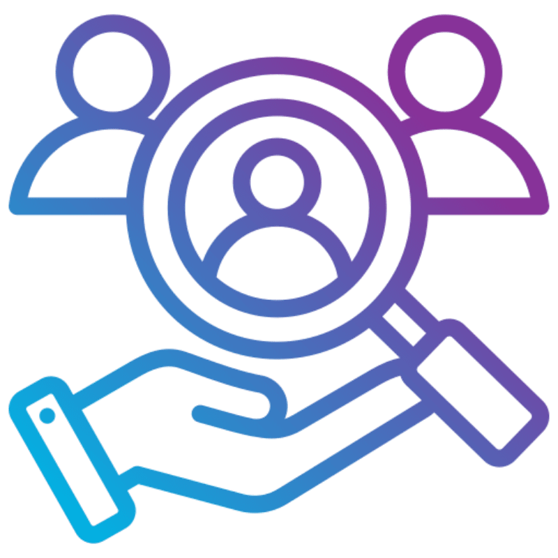 Gradient icon of magnifying glass hovering over candidate indicating the services of a recruitment agency in manchester